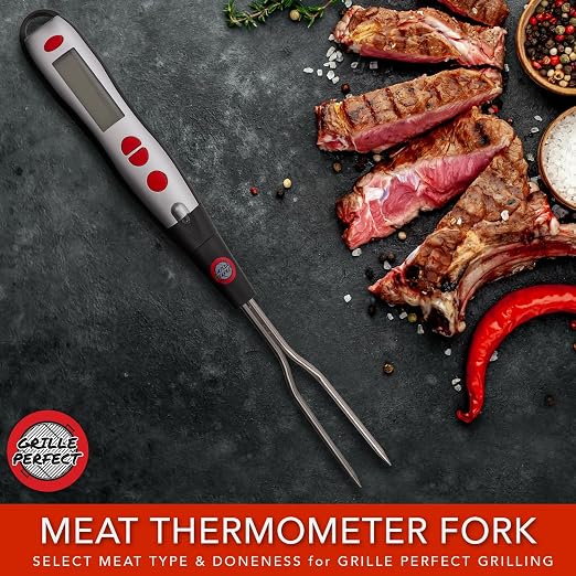 Digital Meat Thermometer Fork for Grilling and BBQ Fast Read Electronic Probes with Ready Alarm Quick Accurate Barbecue Temperature for Steak Chicken Hot Grilled Food