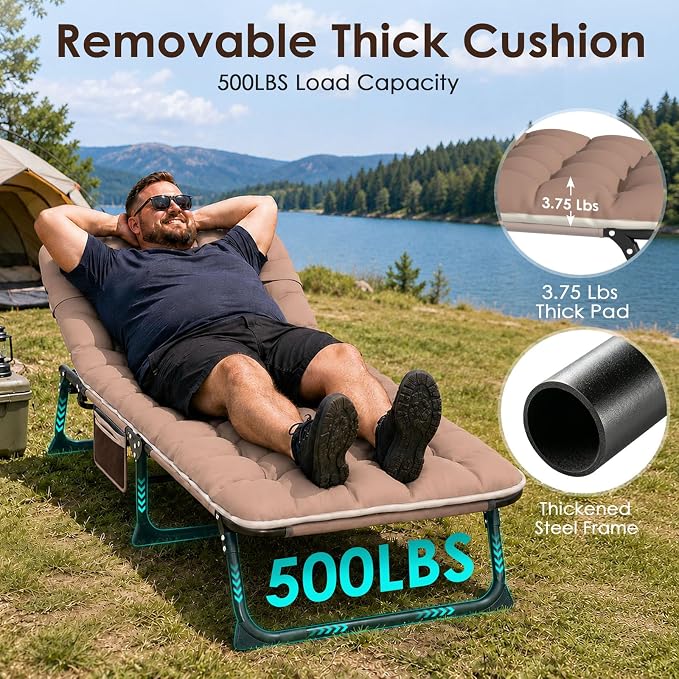Suteck Tanning Chair with Face Hole, Folding Beach Lounge Chairs, Beige | Adjustable 5-Position Reclining Chaise, Removable Cushion & Pillow, Cooler Bag, 500Lbs Heavy-Duty for Outdoor Camping& Home