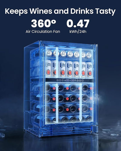 24 Inch Dual Zone Wine Fridge and Beverage Refrigerator, 63 Cans & 30 Bottles, Built-in Freestanding Under Counter Wine Cooler, UV Glass Door, Quiet Cooling, Lock, for Home Bar Office, Black
