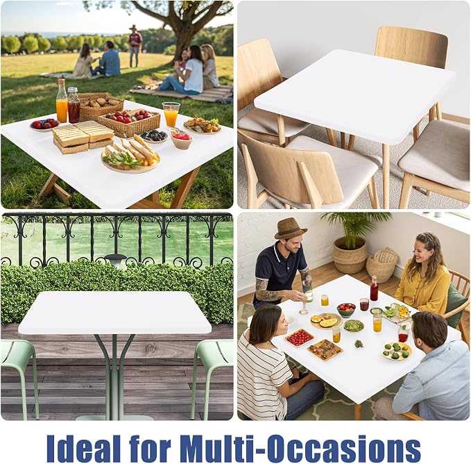 Moosfor 2 Pack Square Spandex Fitted Table Cloth, Elastic Tablecloth | Washable Picnic Table Cover, Stretch Waterproof Table cloths for Party, Patio, Dining, Kitchen, 42" x 42", White