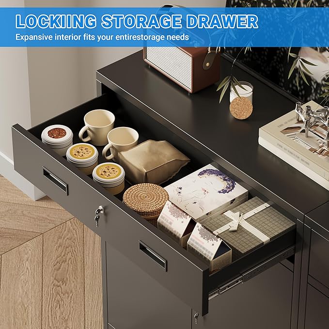 CJF Pantry Cabinet with 1 Drawer, Metal Pantry Storage Cabinets with Doors and 2 Adjustable Shelves, 36" H Locking Cabinet for Kitchen Storage, Home, Garage, Utility Room and Basement, Black