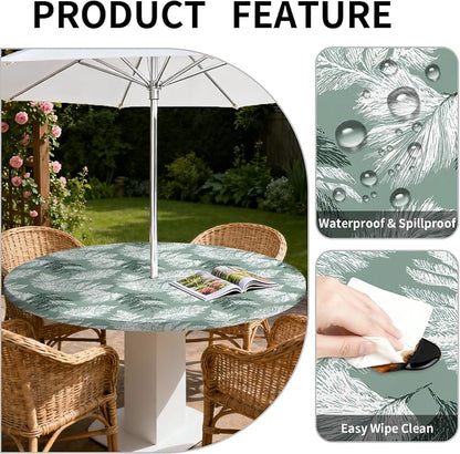 Outdoor Tablecloth with Umbrella Hole and Zipper Fits 49-52" Tables | Waterproof Round Fitted Tablecloth with Elastic Edge, Wipeable Outdoor Table Cover for Patio, Garden, Picnic