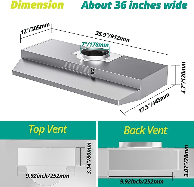 FIREGAS Range Hood 36 inch Under Cabinet, Ducted/Ductless Convertible Kitchen Hood, Stainless Steel Stove Vent Hood with LED Light, 2 Speed Exhaust Fan, Silver
