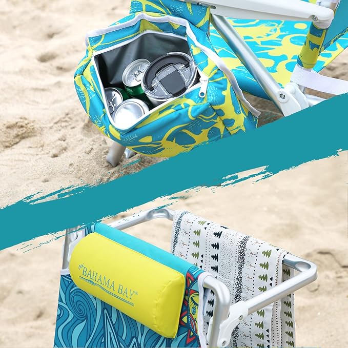 Old Bahama Bay Backpack Beach Chair, Aluminum Lightweight Reclining 5-Position Lounge Chair for Adults Heavy Duty Support 400 LBS Portable Folding with Cooler Bag Camping Chair for Sand Outdoor