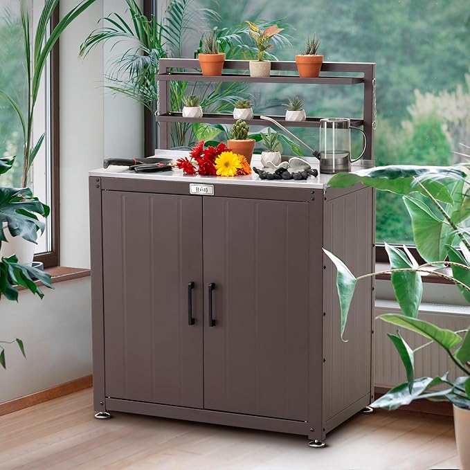 Feasto Outdoor Potting Bench Table with Storage Cabinet, Stainless Steel Garden Workstation, Raised-Edge Top, Adjustable Shelf & Removable Hutch for Patio, Balcony & Outdoor Workspace, Brown