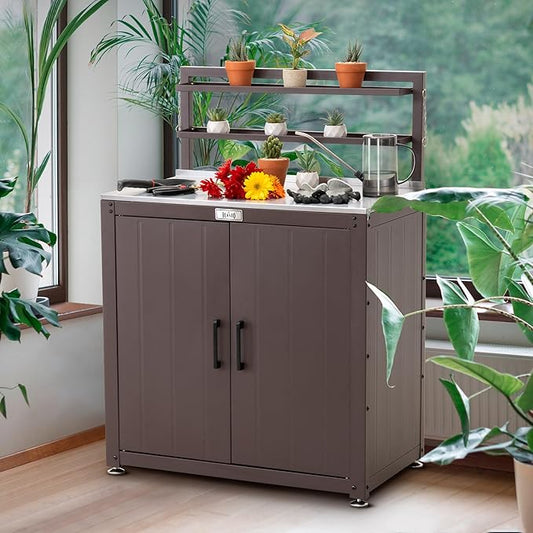 Feasto Outdoor Potting Bench Table with Storage Cabinet, Stainless Steel Garden Workstation, Raised-Edge Top, Adjustable Shelf & Removable Hutch for Patio, Balcony & Outdoor Workspace, Brown