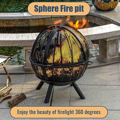 Panovue 35 Inch Wood Burning Fire Pit with BBQ Grill, Heavy Duty Fire Pits Ball for Outside with Spark Screen & Removable Ash Pan, Outdoor firepit & Fireplace for Bonfire in Garden, Yard