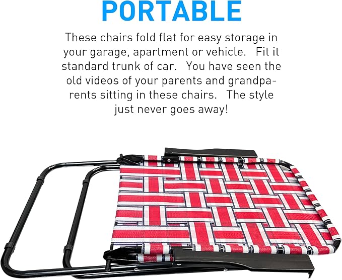 Lawn Chair Folding Steel Webbing Chaise Patio Lounger Seat Wood Handles Great for Camping, Beach, Fishing, Backyard, Stadium, Pool, Boating, and Sports 1 Pack Red/Blue