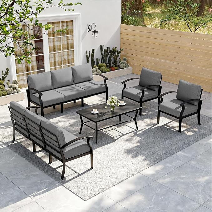 ALAULM Aluminum Patio Furniture Set with Coffee Table Rectangular, 8-seat Outdoor Sectional Furniture w/5.1" Cushions, Patio Conversation Set for Porch, Backyard, Poolside-Grey