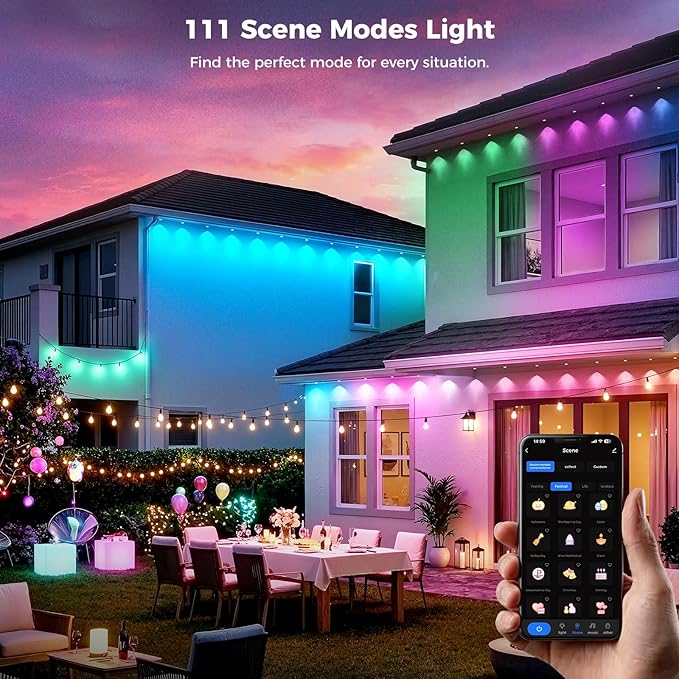 CDN House's Permanent Outdoor Lights, 150FT RGB+IC Outdoor Decor, 111 Scene Modes, 90 LED Lights with Smart APP & Remote Control, IP65 Waterproof, String Lights for Christmas Decorations