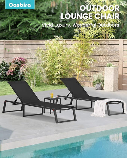 Aluminum Chaise Lounge Chair Outdoor, Foldable& No Assembly Patio Pool Lounge Chairs 5-Position Recliner for Outside, Fully Grounded Legs Sun Lounger for Poolside, Black