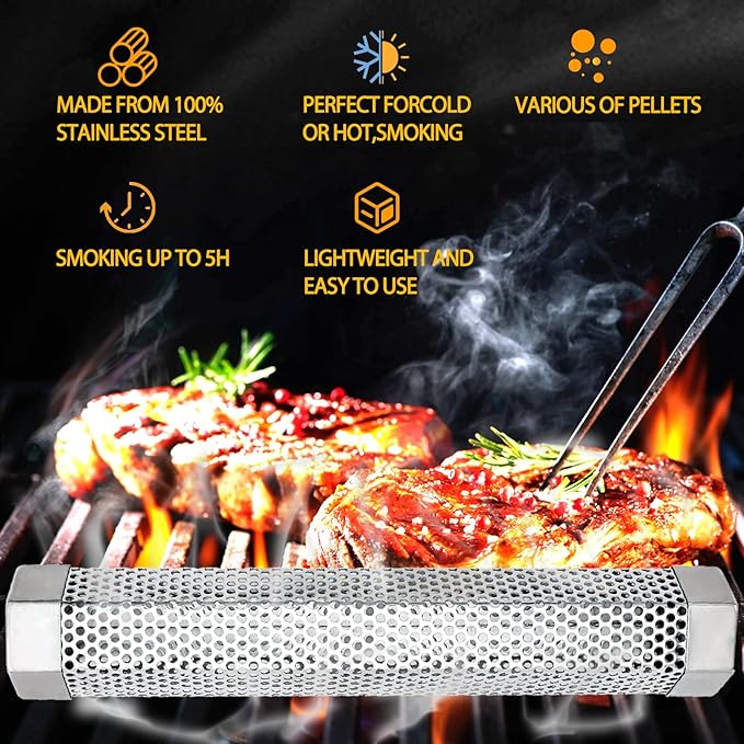 2 Pack 12" Smoker Tube, Pellet Smoker Tube Stainless Steel for BBQ Grill - 5 Hours Billowing Smoke for Hot/Cold Smoking Cheese, Meat, Fish, Hexagon Design, Includes Hooks, Basting & Cleaning Brushes