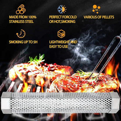 2 Pack 12" Smoker Tube, Pellet Smoker Tube Stainless Steel for BBQ Grill - 5 Hours Billowing Smoke for Hot/Cold Smoking Cheese, Meat, Fish, Hexagon Design, Includes Hooks, Basting & Cleaning Brushes