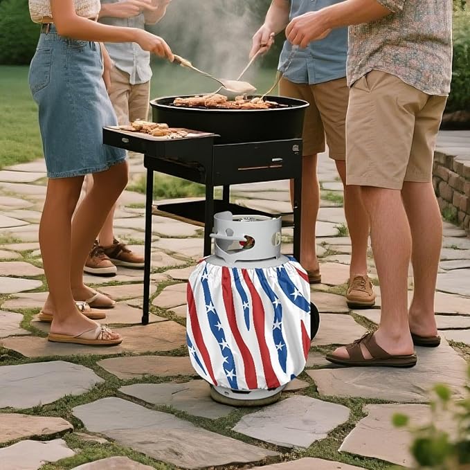 Propane Tank Cover 20lb Outdoor Heavy Duty Waterproof Windproof Gas Tank Cylinder Cover with Elastic Brand, Dress up Your Gas Grilll, White Red Blue