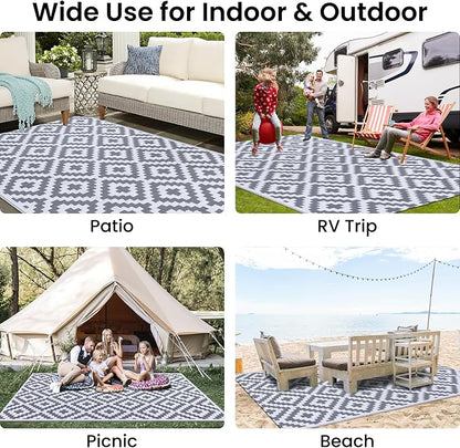 Smiry Outdoor Rug 5x8 ft Waterproof Reversible Boho Mat, White & Grey | Polypropylene Plastic Straw, Quick Drying, Lightweight Foldable, for Patio, Deck, RV Camping, Backyard and Indoor Outdoor Use