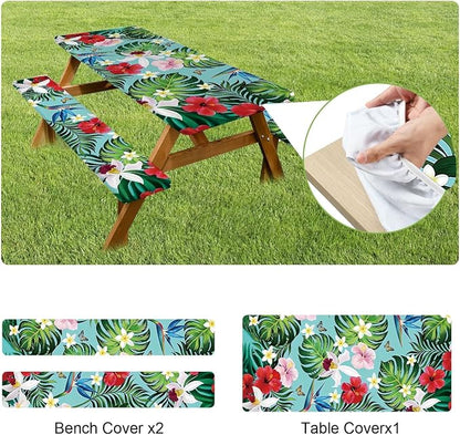 FOREVER QUEEN Picnic Table Cover with Bench Covers 72in,Waterproof Windproof Fitted Tablecloth,Tropical Floral Camping Essentials with Drawstring Bag,for RV,Patio,Park & Backyard