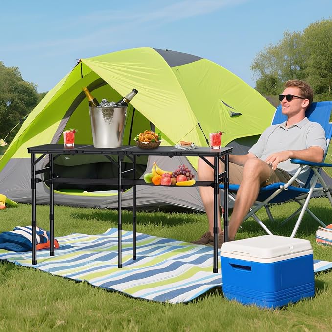 Anbte 4-Fold Camping Table, 46” X 16” Portable Folding Camping Table, Black | 3 Adjustable Height Max 27.5”, with Storage Net, Aluminum Lightweight Folding Table, for Picnic Beach RV Travel Tailgate Camp