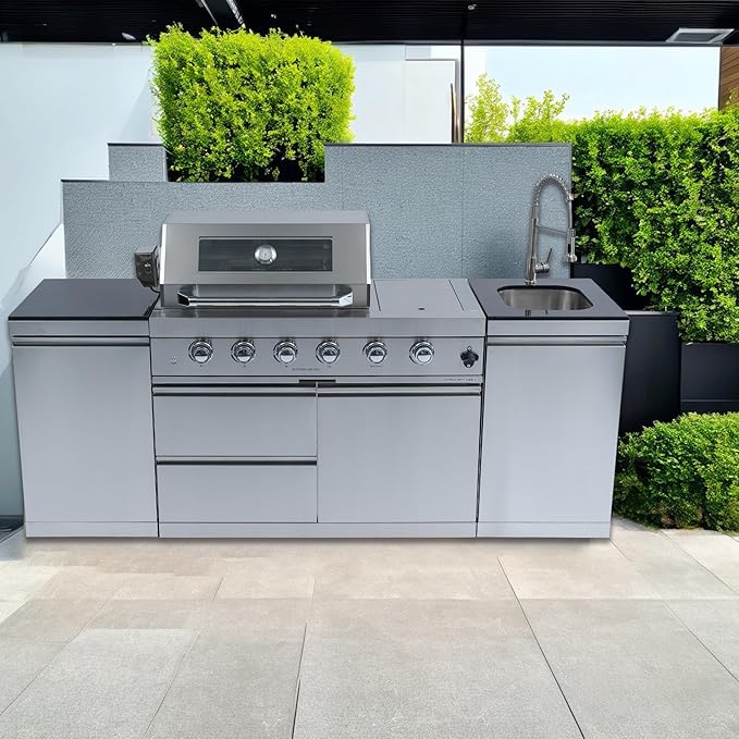 85" Modular Outdoor Kitchen Island with Grill and Side Burner, 4-Burner 72,000 BTU Propane BBQ Island, Separate Sink & Prep Station, for Backyard and Patio Cooking, Silver