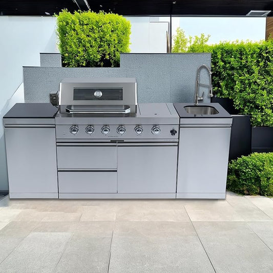85" Modular Outdoor Kitchen Island with Grill and Side Burner, 4-Burner 72,000 BTU Propane BBQ Island, Separate Sink & Prep Station, for Backyard and Patio Cooking, Silver