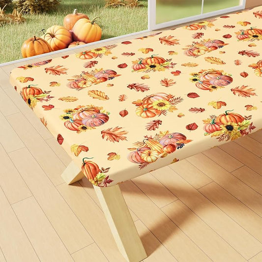 Smiry Rectangle Thanksgiving Table Cloth, Waterproof Elastic Fitted Tablecloths for 8 Foot Tables, Washable Polyester Table Cover for Autumn Harvest Parties (Pumpkin Sunflower, 30"x96")