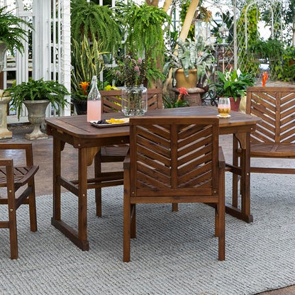 Walker Edison 4-6 Person Outdoor Wood Chevron Back Patio Furniture Dining Set Extendable Table Chairs All Weather Backyard Conversation Garden Poolside Balcony, 5 Piece, Dark Brown