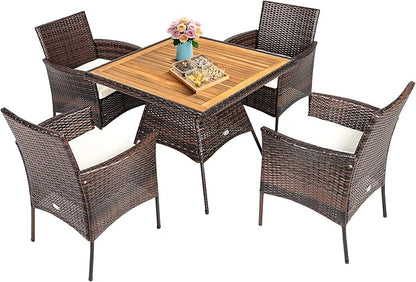 HAPPYGRILL 5 Pieces PE Wicker Patio Dining Set with Table and Chairs with Cushions, Outdoor Patio Furniture Set for Deck, Garden and Backyard (Brown Beige & Wood)