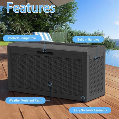 Pepe Tee Waterproof Resin Deck Box, Outdoor Storage Bin for Patio Furniture Cushions, All-Weather Garden Organizer & Seating Bench, Black