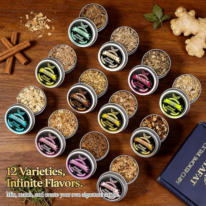 12 Flavor Smoking Wood Chips for Cocktail Smoker – All-Natural Apple, Cherry, Oak & More – Premium Bar Smoker Kit for Whiskey, Bourbon, Meats & Cheese – Unique Gift for Men Dad Husband