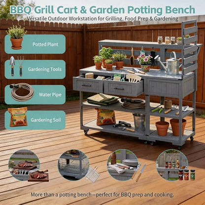 62 Inch Patio Kitchen Island with Stainless Steel Top, Gray | Gray fir wood, stainless steel top, garden or patio, raised shelf, 2 drawers, lockable wheels, modular design, 62.3 in L