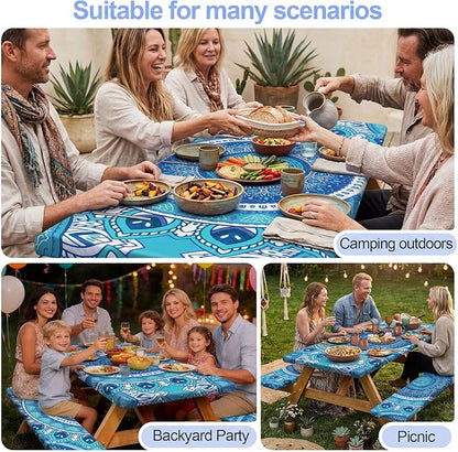 Picnic Table Cover Bench Covers Camping Essentials Tablecloth | Waterproof Vinyl for Outdoor, Windproof Elastic Fitted Edges, RV BBQ Accessories Must Haves, Storage Bag Included