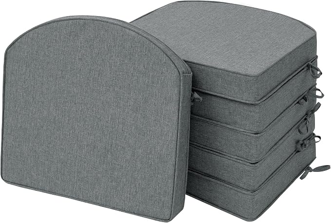 Outdoor Chair Cushions, D Shaped, Set of 6, 18.5 x 16, Dark Grey | Fade-Resistant, Water-Resistant, Patio Furniture Seat Chair Pads Replacement, Non-Slip Bottom with Ties, Removable Cover