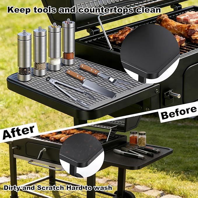 Silicone Grill Tools Mat for Blackstone Weber Traeger Pit Boss Flat Top Grill Smoker,BBQ Accessories Pad Mats for Outdoor Kitchen Counter Cooking, Side Shelf Spatula Mat,Gifts for Men (Grey)