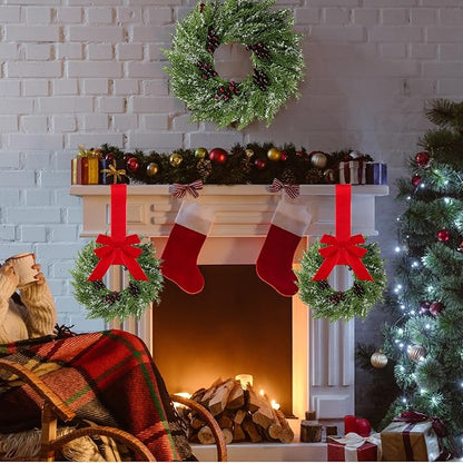 8 Pcs Small Christmas Norfolk Wreaths 15 Inch Christmas Kitchen Cabinet Mini Wreath with Bow Ribbon Cedar Berry for Xmas Front Door Window Chair Fireplace Table Pillar Farmhouse