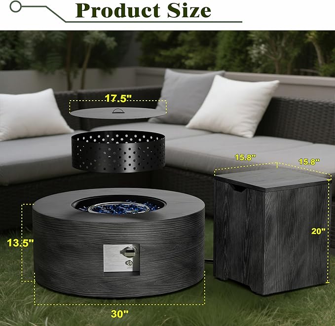 2-Piece Outdoor Propane Fire Pit Table Set w Tank Side Table 30'' Round Fire Pit Table w Wood Grain 2-in-1 Firepit Table for Outside Gas Fire Pit w 304 Stainless Steel Burner 50,000 BTU, Dark Gray