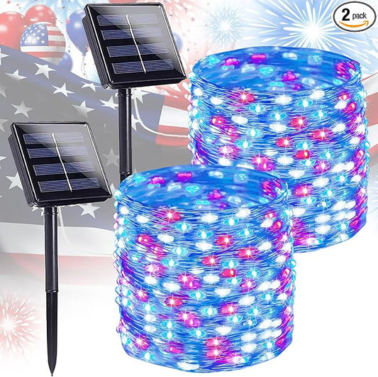 4th of July Decorations Solar String Lights 2Pack 400LED Independence Day Lights for Outside, Red White and Blue Solar Light Waterproof, Copper Wire 8 Modes Twinkle Light for Memorial Day National Day