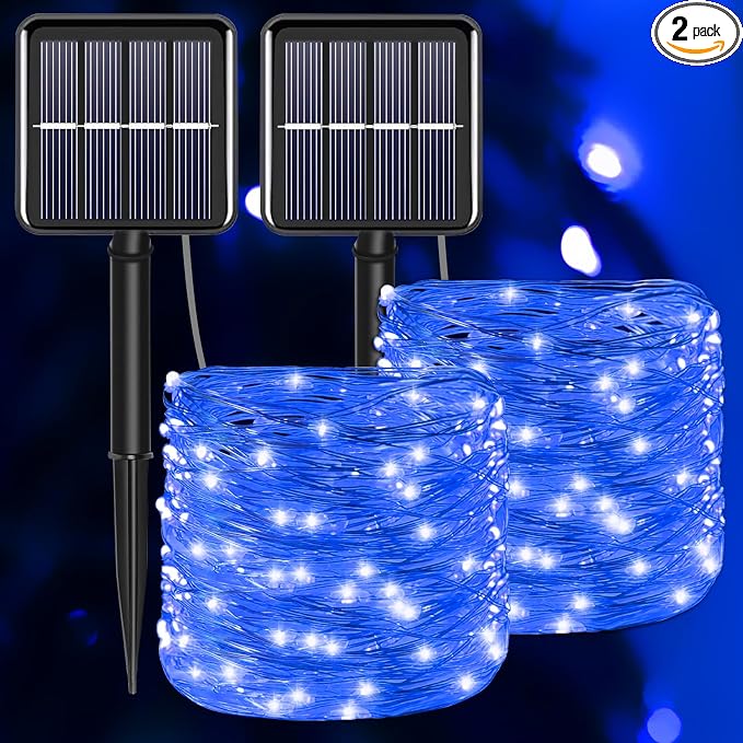 Blue Solar Christmas String Lights Outdoor Waterproof, 2Pack Total 200Led 66Ft 8 Modes Copper Fairy Lights for Halloween Garden, Patio, Fence, Balcony, Outdoors