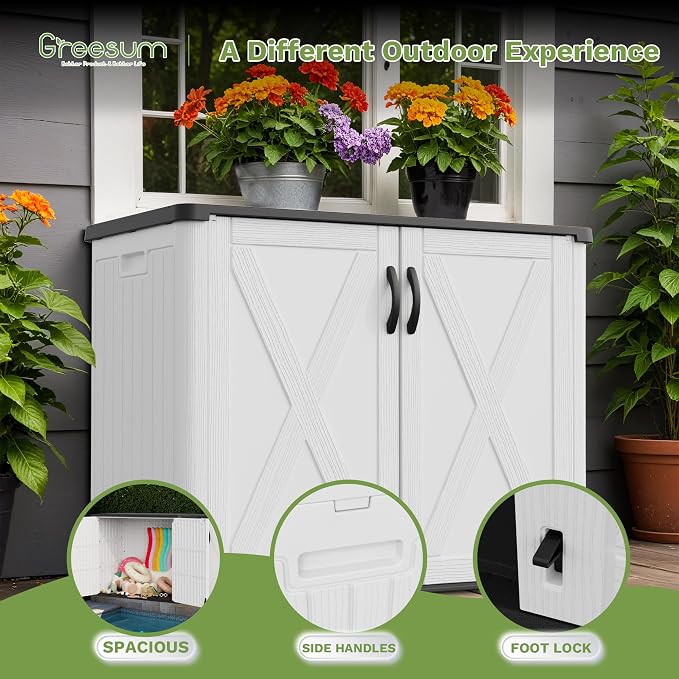 Greesum 26 Cuft Outdoor Storage Box with Lockable Doors, White | Easy to Assemble | All-Weather Resistance | Sturdy Sidehandles | Multi-purpose Resin Large Storage Cabinet