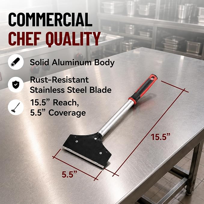 Heavy Duty Griddle Scraper for Flat Top Grills – 15.5” Long Handle Cleaning Tool w/ 5.5” Replaceable Flat Stainless Steel Blade - Removes Burnt-On Food & Grease - by FryOilSaver Co. - 90018