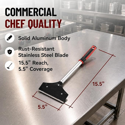 Heavy Duty Griddle Scraper for Flat Top Grills – 15.5” Long Handle Cleaning Tool w/ 5.5” Replaceable Flat Stainless Steel Blade - Removes Burnt-On Food & Grease - by FryOilSaver Co. - 90018