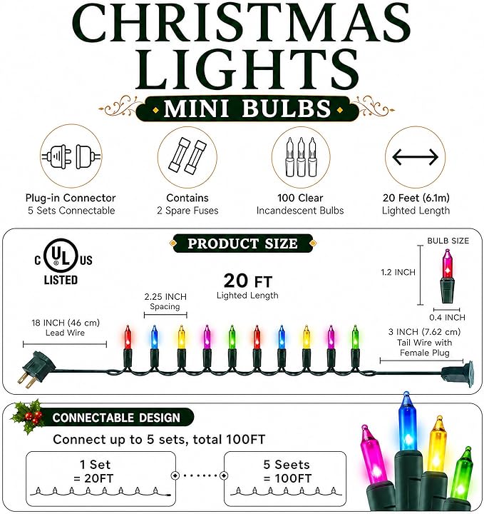 Multi Colored Christmas Lights, 2 Pack Total 40FT 200 Count Incandescent Christmas Mini Tree String Lights, Waterproof Christmas Decorations for Outdoor Indoor Xmas Home Party Garden Yard Decor
