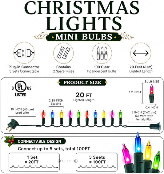 Multi Colored Christmas Lights, 2 Pack Total 40FT 200 Count Incandescent Christmas Mini Tree String Lights, Waterproof Christmas Decorations for Outdoor Indoor Xmas Home Party Garden Yard Decor