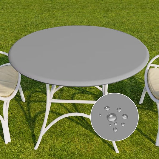 Romanstile Round Fitted Vinyl Tablecloth with Elastic Edge 100% Waterproof | Table Covers for 57"- 68" Tables, Wipeable Flannel Backed Plastic Table Cloths for Dinner, Picnic, Camping, Outdoor, Silver