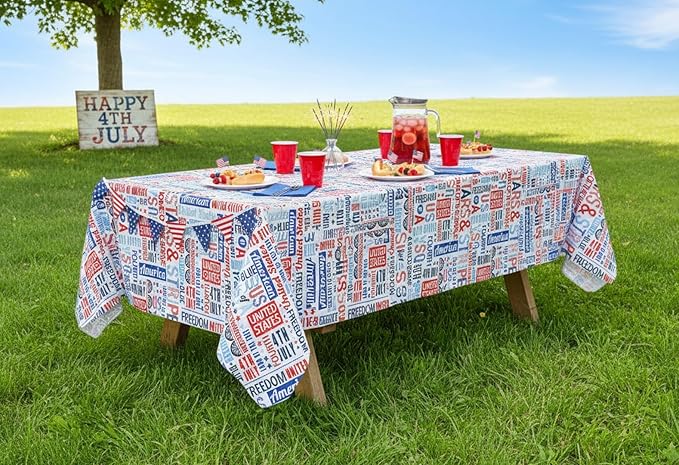 Newbridge Celebrate America Patriotic Blue Stars and Stripes 52 x 52 Inch Square Vinyl Tablecloth with Flannel Backing, Waterproof Indoor Outdoor Picnic BBQ Party Table Cover