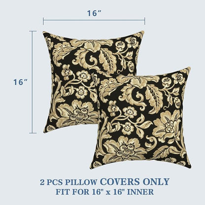 LVTXIII 2 Pack Outdoor Throw Pillow Covers for Patio Furniture, 16x16 Inch Square Pillow Case, Water-Repellent Cushion Covers for Garden, Porch, Sofa, Jacobean Black