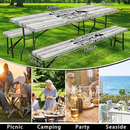Picnic Table Cover with Bench Covers Elastic Edges, Outdoor Patio Camping Essentials 60 Inch 3PCS, Wooden Camper Fitted Table Cover, Waterproof Rectangle Tablecloth with Drawstring Bag