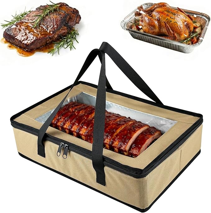 BANGIE BBQ Meat Resting Blanket & 9x13 Foil Pan Carrier - Leakproof Insulated Casserole Transport Bag with Visual Window, Rigid Hard Bottom - Birthday Father's Day Grilling Gifts for Men Dad, Khaki