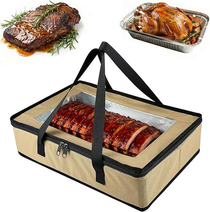 BANGIE BBQ Meat Resting Blanket & 9x13 Foil Pan Carrier - Leakproof Insulated Casserole Transport Bag with Visual Window, Rigid Hard Bottom - Birthday Father's Day Grilling Gifts for Men Dad, Khaki
