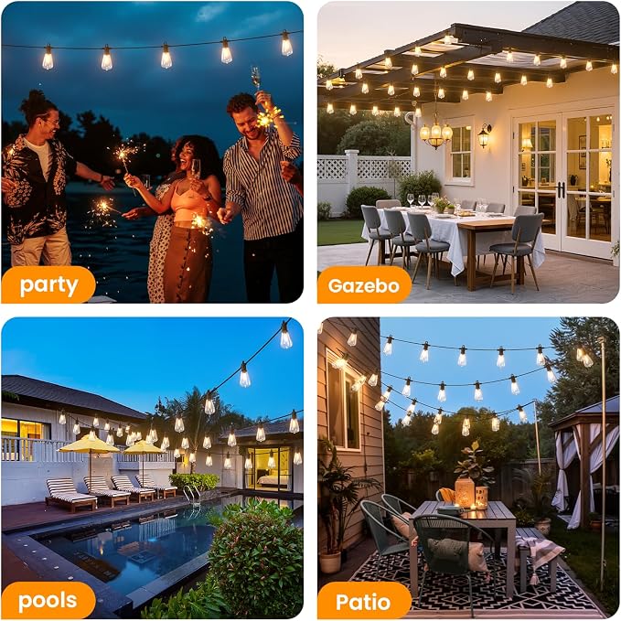 ZOTOYI Outdoor String Lights，50FT Patio Lights with 27 Vintage Edison Bulbs (2 Spare)，ST38 Waterproof Outside Hanging Light for Backyard, Bistro, Cafe, Gazebo, Porch Decor, Dimmable 2700K