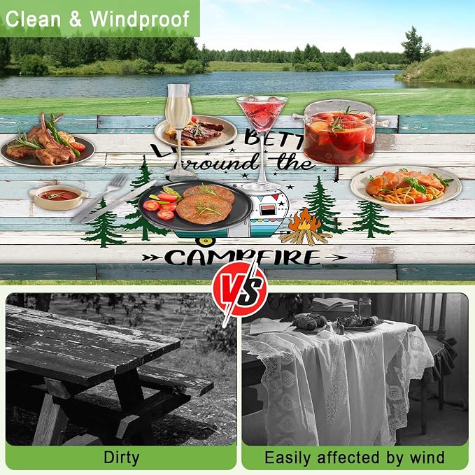 JAWO Picnic Table Cover with Bench Seats 3 Piece Set, Vintage Wooden Camper Pine Tree Camping Elastic Fitted Picnic Tablecloth Outdoor Camping Patio Picnic Table, 30X72 inch