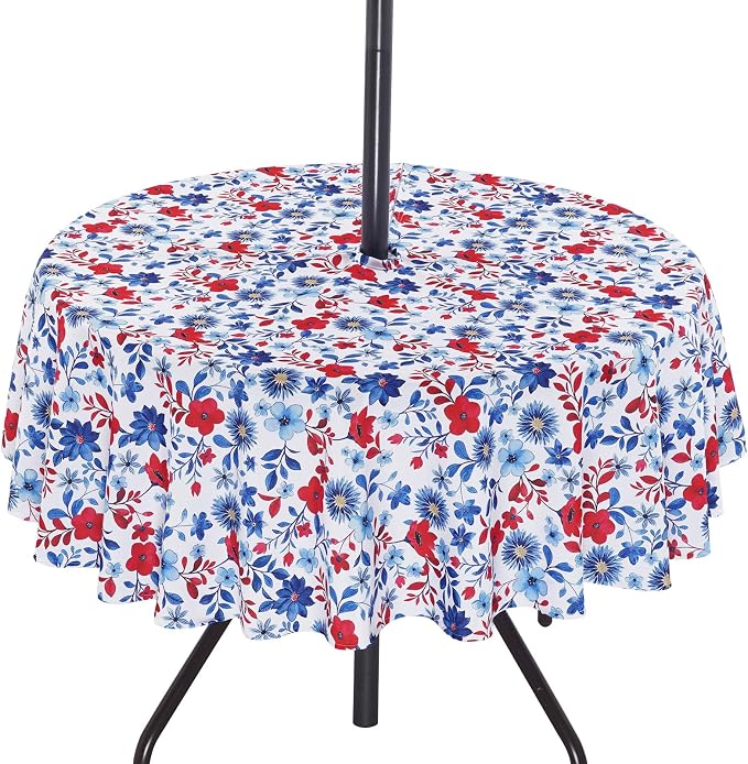 SquarePie 4th of July Outdoor Tablecloth with Umbrella Hole Round - 60 Inch Waterproof Zipper Patriotic Red Blue Flowers Table Cover for Spring Summer Garden Party Picnic